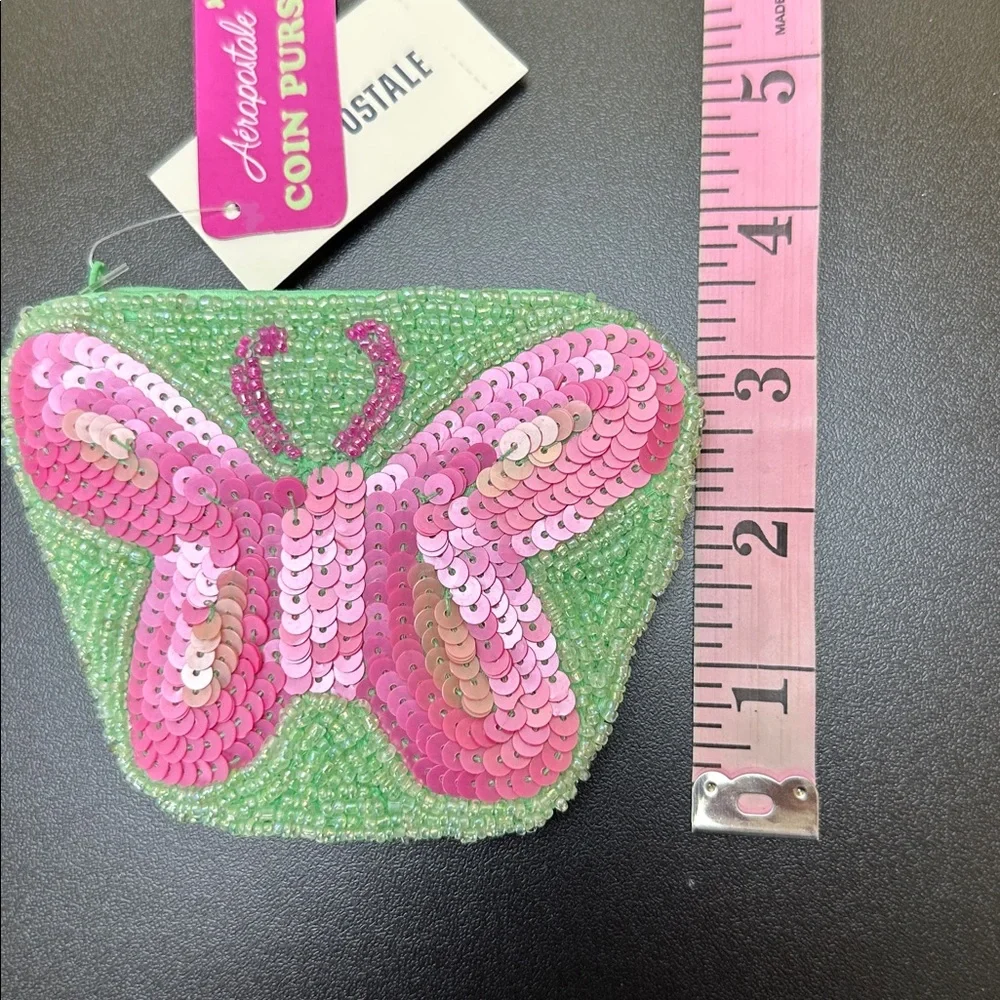 Aeropostale‎ Pink Sequin Butterfly Coin Purse Zipper Closure NWT